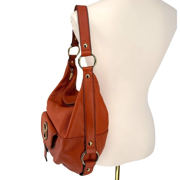 MICHAEL KORS Fulton Large Hobo Bag Orange Pebble Leather Purse Gold Plated Logo - Picture 5 of 15